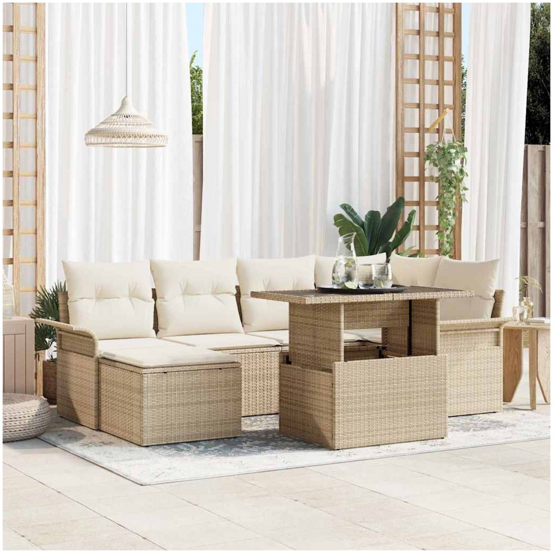 7-delars trädgårdsofset med kuddar i beige poly-rattan vidaXL 100 x 55 x 73 cm