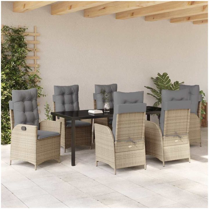 7 delars Trädgårdsserveringsset med kuddar - Beige - Poly Rattan vidaXL 200 x 80 x 73 cm – bild 4