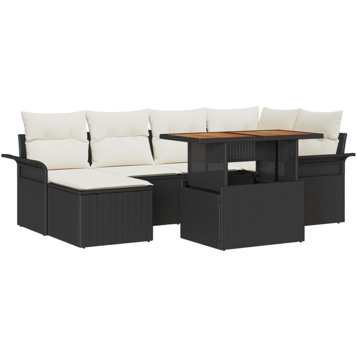 7-delars trädgårdsserveringsset med kuddar i svart poly rattan och akacia vidaXL 100 x 55 x 73 cm – bild 2