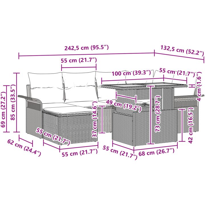 7-delars trädgårdsserveringsset med kuddar i svart poly rattan och akacia vidaXL 100 x 55 x 73 cm – bild 12
