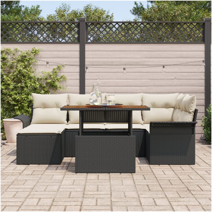 7-delars trädgårdsserveringsset med kuddar i svart poly rattan och akacia vidaXL 100 x 55 x 73 cm – bild 3