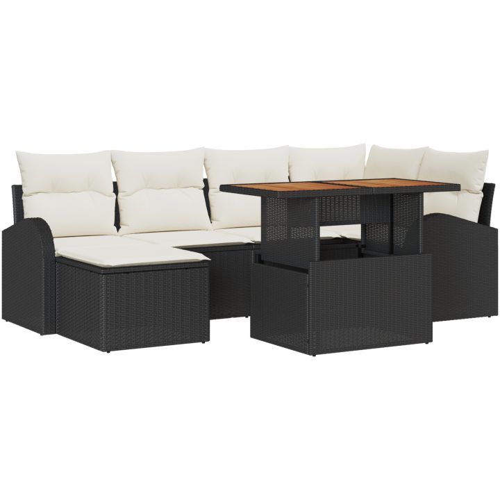 7-delars trädgårdsserveringsset med kuddar Svart Poly Rattan Akacia vidaXL 100 x 55 x 73 cm – bild 2