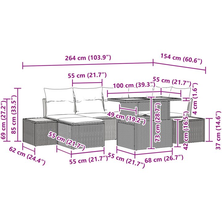 7-delars trädgårdsset med dämpare i beige poly-rattan och akacia vidaXL 100 x 55 x 73 cm – bild 12