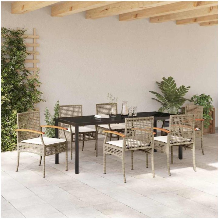 7-delars Trädgårdsset med kuddar Beige Poly Rattan vidaXL 200 x 80 x 73 cm – bild 4