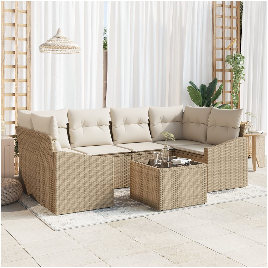 7-delars trädgårdsset med kuddar i beige poly-rattan vidaXL 55 x 55 x 37 cm