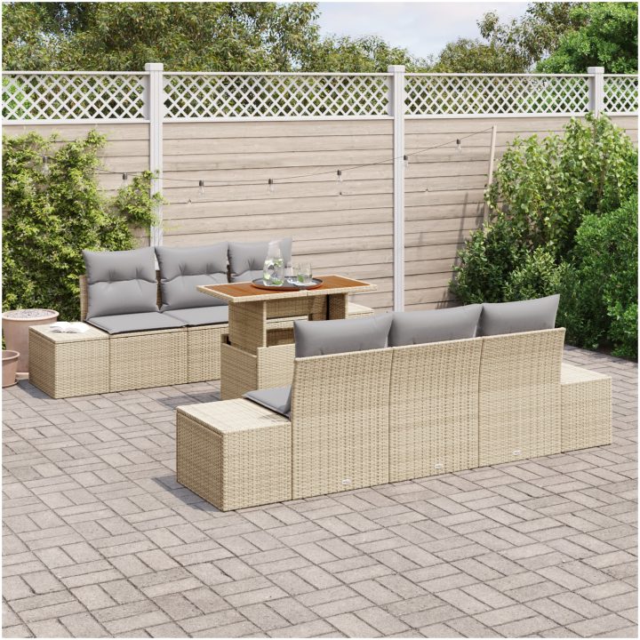 7-delars trädgårdsset med kuddar i beige polyroting och akacia. vidaXL 100 x 55 x 73 cm – bild 3