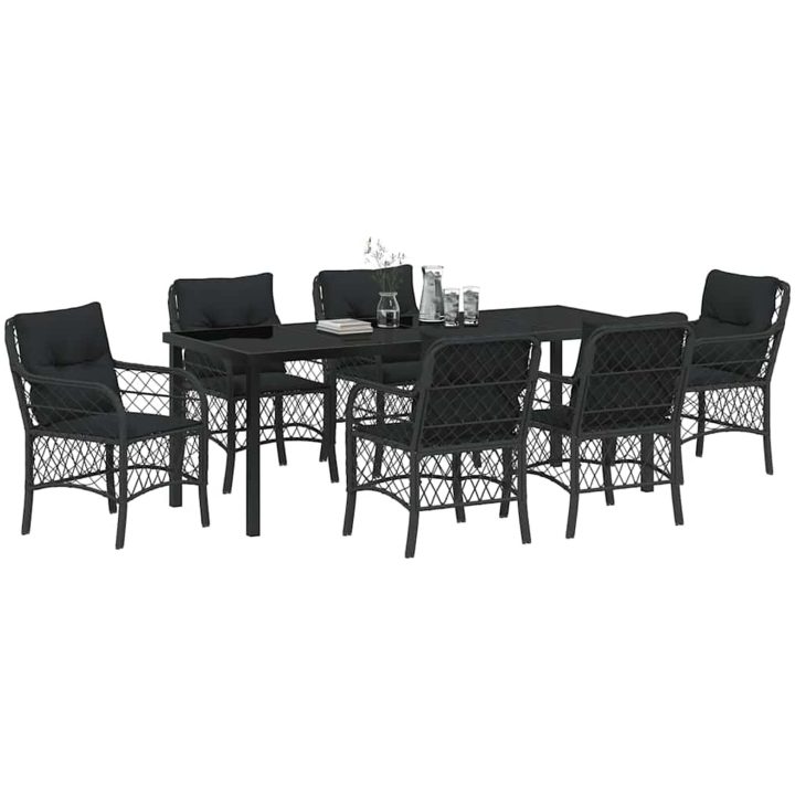 7-delars trädgårdsset med matbord och kuddar - Svart poly rattan. vidaXL 200 x 80 x 73 cm – bild 3