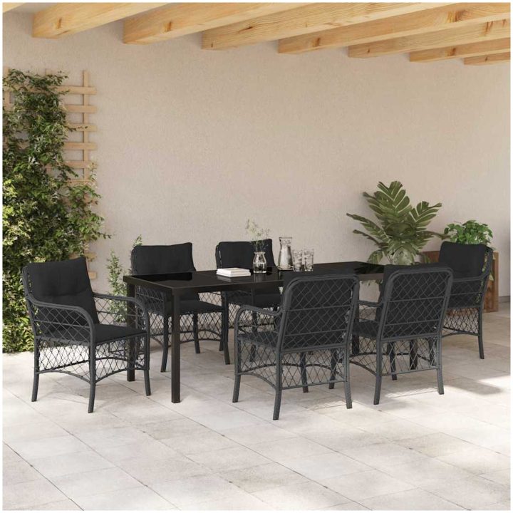 7-delars trädgårdsset med matbord och kuddar - Svart poly rattan. vidaXL 200 x 80 x 73 cm – bild 4