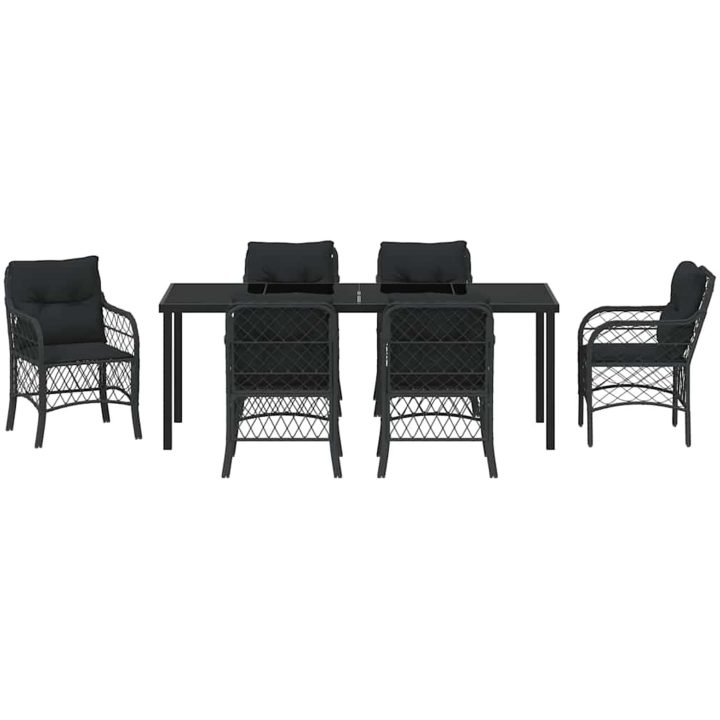 7-delars trädgårdsset med matbord och kuddar - Svart poly rattan. vidaXL 200 x 80 x 73 cm – bild 6