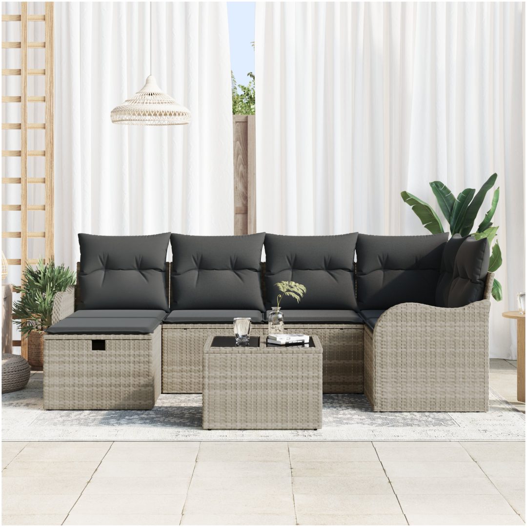 7 Delars Trädgårdssofa Set med Kuddar Ljusgrå Poly Rattan vidaXL Stor – bild 3