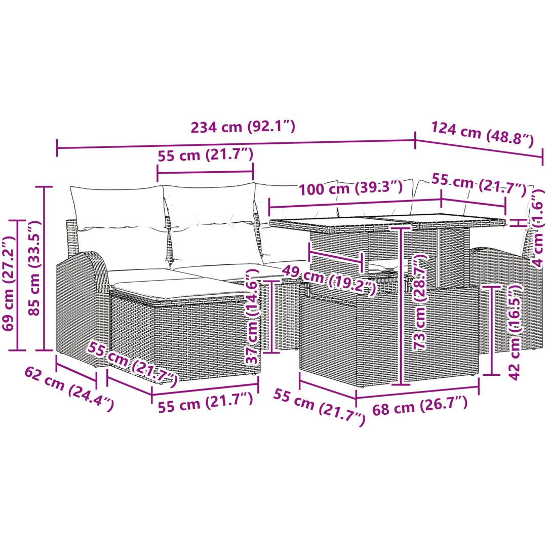7-delars trädgårdssoff-set med kuddar i brunt polyrotting vidaXL 100 x 55 x 73 cm – bild 12