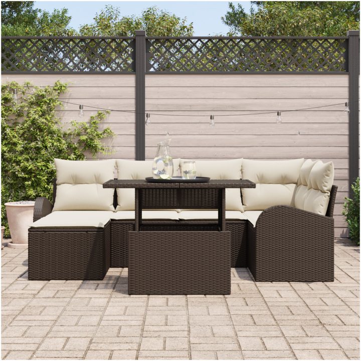 7-delars trädgårdssoff-set med kuddar i brunt polyrotting vidaXL 100 x 55 x 73 cm – bild 3