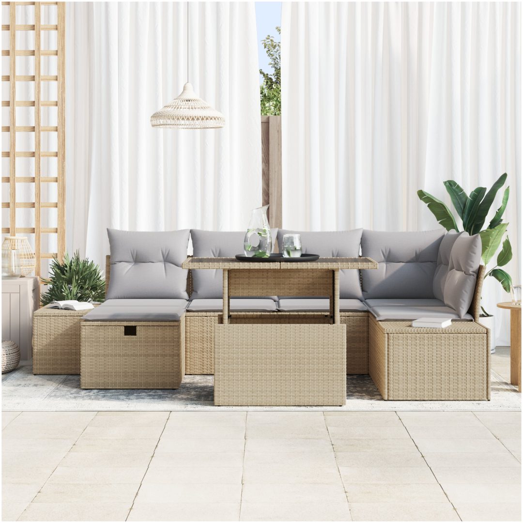 7-delars trädgårdssoffa med beige kuddar i polyrotting vidaXL 100 x 55 x 73 cm – bild 3