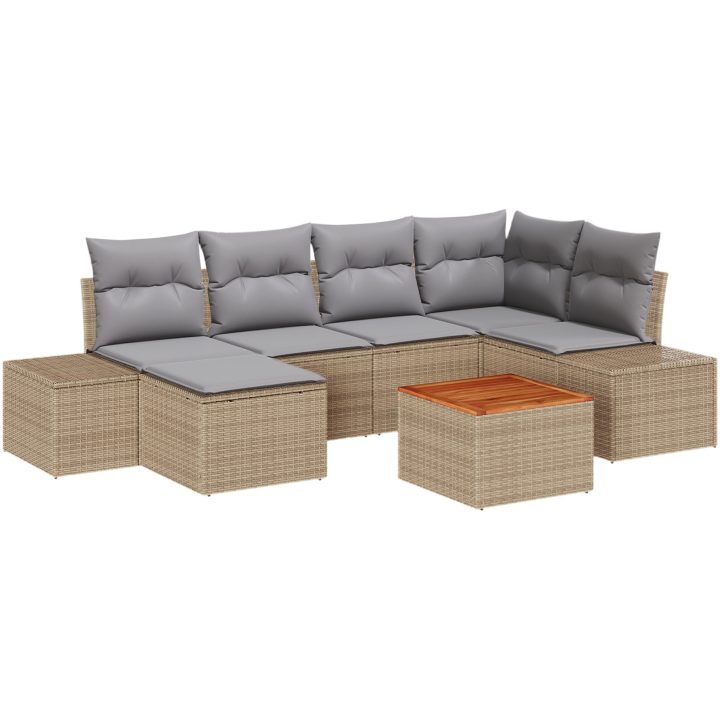 7-delars trädgårdssoffa med kuddar Beige Poly Rattan Akacia vidaXL Standard – bild 2