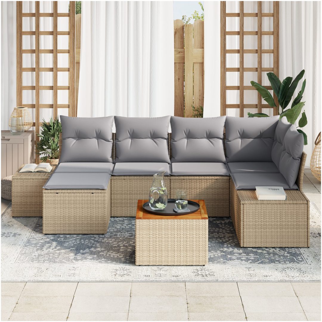 7-delars trädgårdssoffa med kuddar Beige Poly Rattan Akacia vidaXL Standard – bild 3