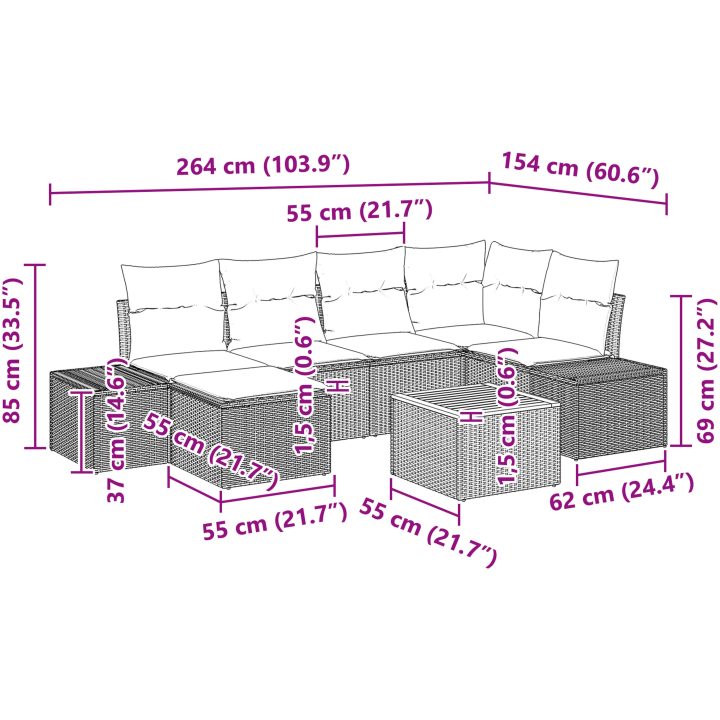 7-delars trädgårdssoffa med kuddar Beige Poly Rattan Akacia vidaXL Standard – bild 10