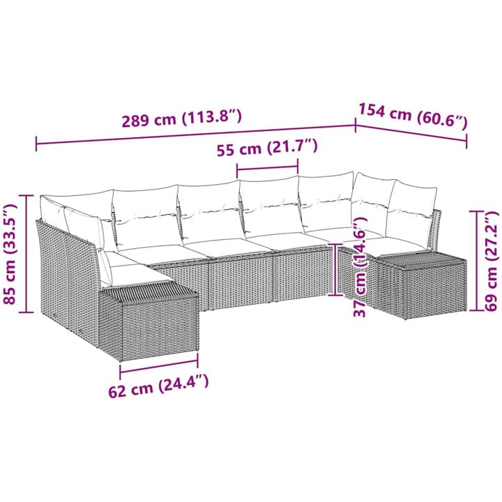7-delars Trädgårdssoffa med Kuddar Beige Poly Rattan vidaXL 289 x 154 x 69 cm – bild 8