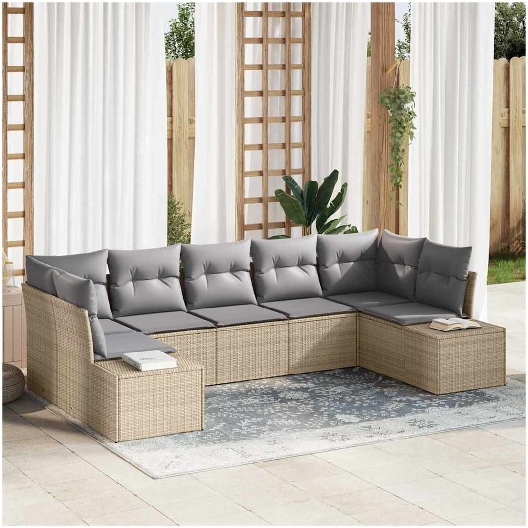 7-delars Trädgårdssoffa med Kuddar Beige Poly Rattan vidaXL 289 x 154 x 69 cm