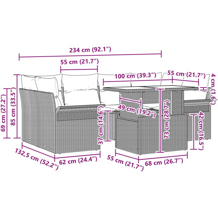 7-delars trädgårdssoffa med kuddar, grå poly-rattan vidaXL 100 x 55 x 73 cm – bild 11