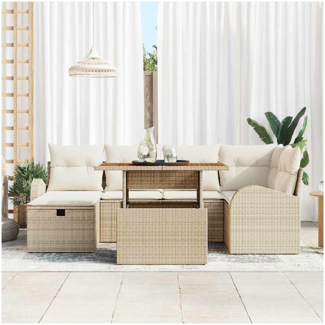 7-delars trädgårdssoffa med kuddar i beige poly rattan vidaXL Stor – bild 3
