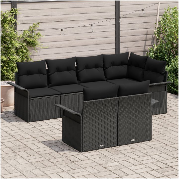 7-delars trädgårdssoffa med kuddar svart poly rattan vidaXL Medium – bild 3
