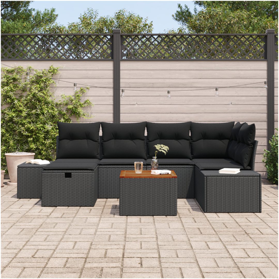 7-delars Trädgårdssoffa Set med Kuddar Svart Poly Rattan vidaXL 55 x 55 x 37 cm – bild 3