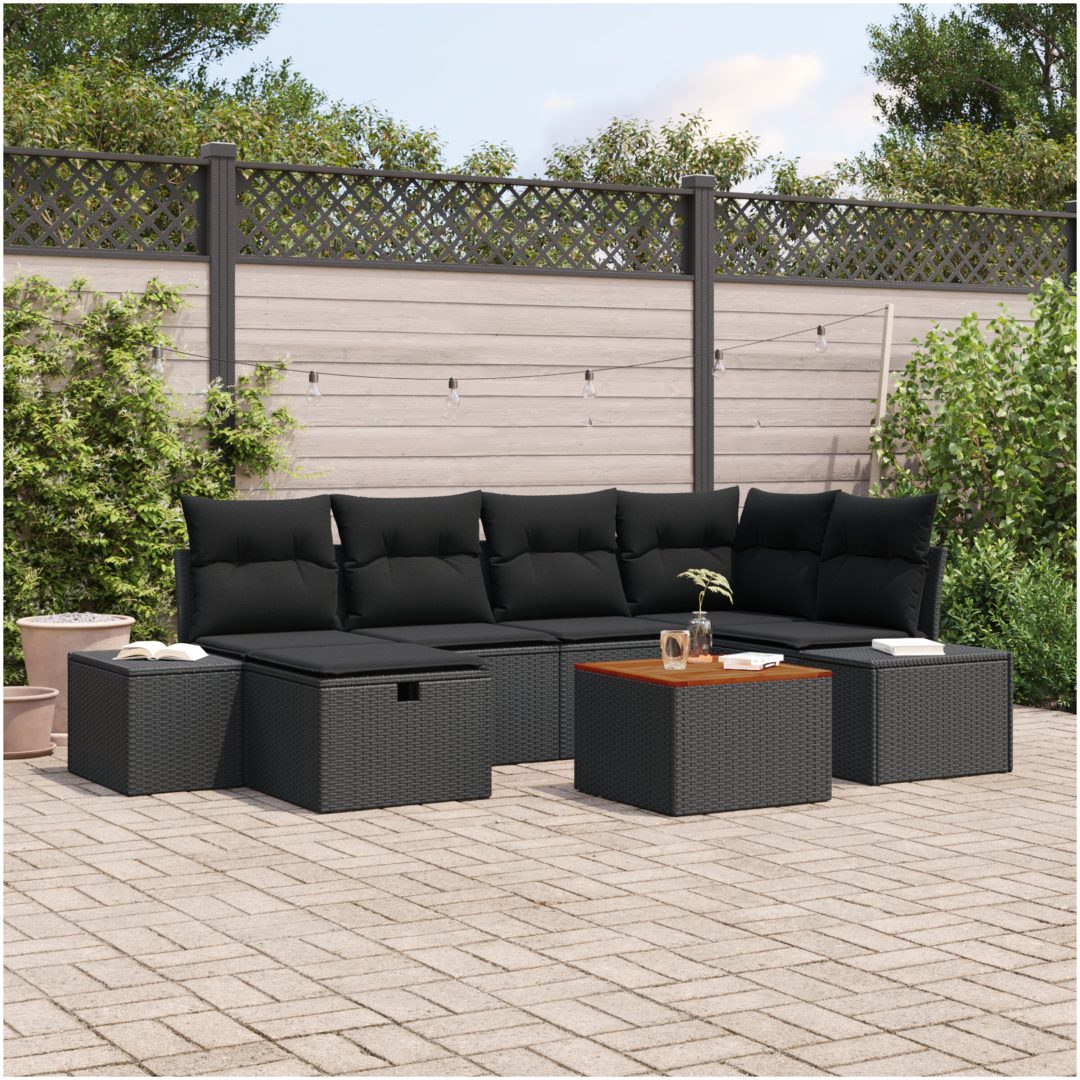 7-delars Trädgårdssoffa Set med Kuddar Svart Poly Rattan vidaXL 55 x 55 x 37 cm