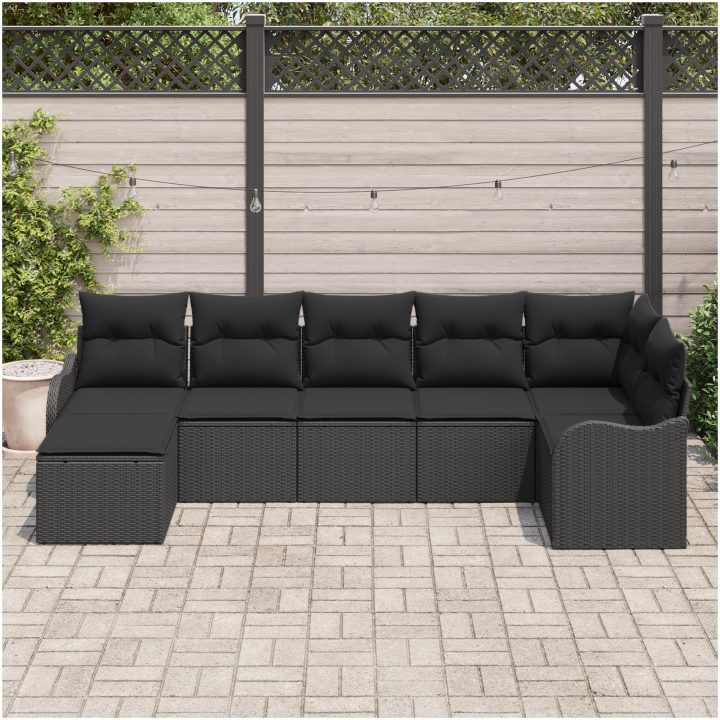 7 Delars Trädgårdssoffaset med Kuddar Svart Poly Rattan vidaXL Stor – bild 3