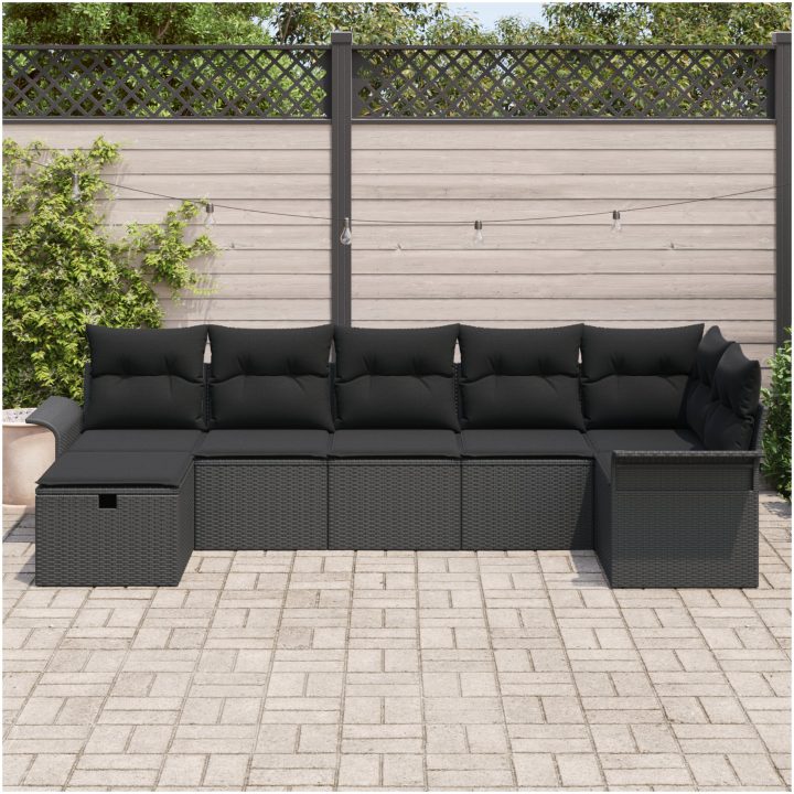 7-delars trädgårdssoffaset med kuddar svart poly rattan vidaXL Stor – bild 3