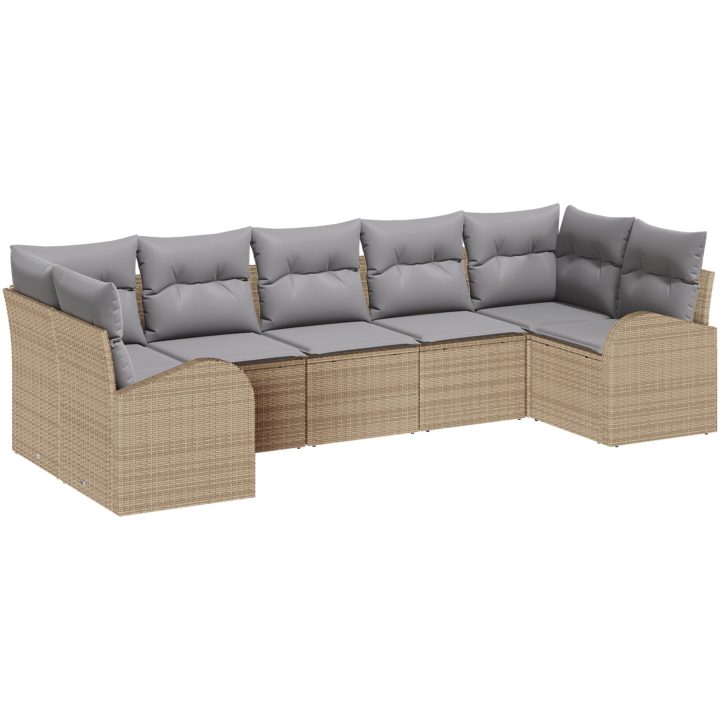 7-delars Trädgårdssoffasett med Kuddar Beige Poly Rattan vidaXL Stor – bild 2