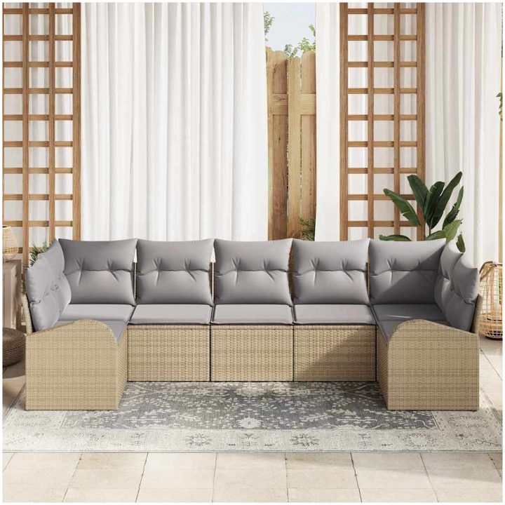 7-delars Trädgårdssoffasett med Kuddar Beige Poly Rattan vidaXL Stor – bild 3