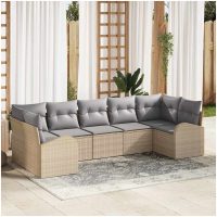 7-delars Trädgårdssoffasett med Kuddar Beige Poly Rattan vidaXL