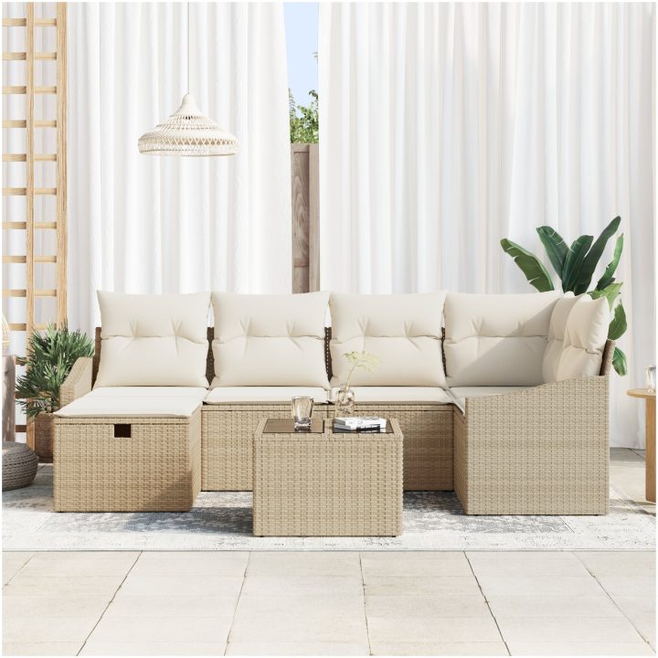 7-delars trädgårdssoffasett med kuddar beige poly rotting vidaXL 55 x 62 x 69 cm – bild 3