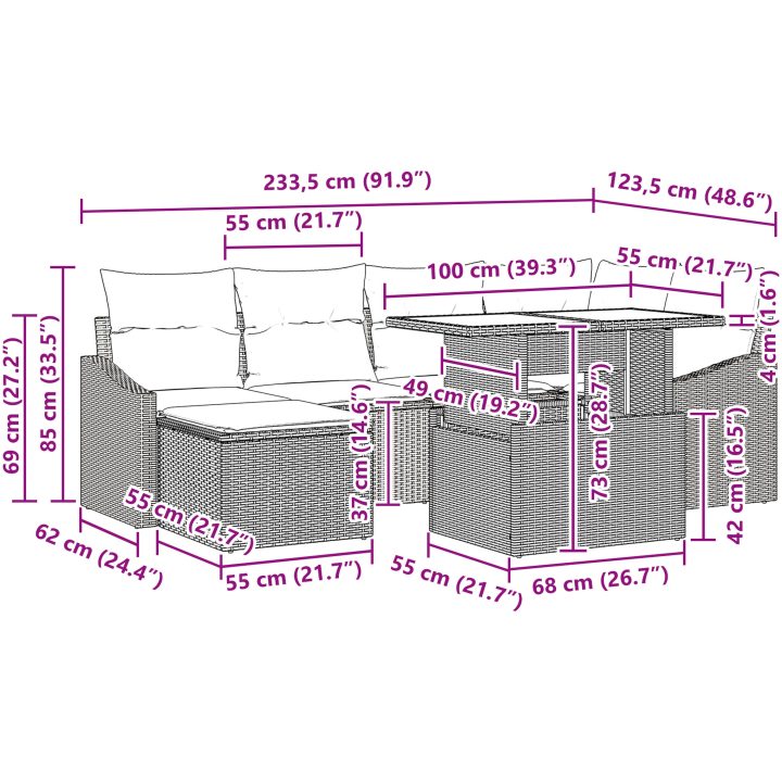 7-delars trädgårdssoffgrupp med kuddar i beige poly-rattan vidaXL 100 x 55 x 73 cm – bild 12