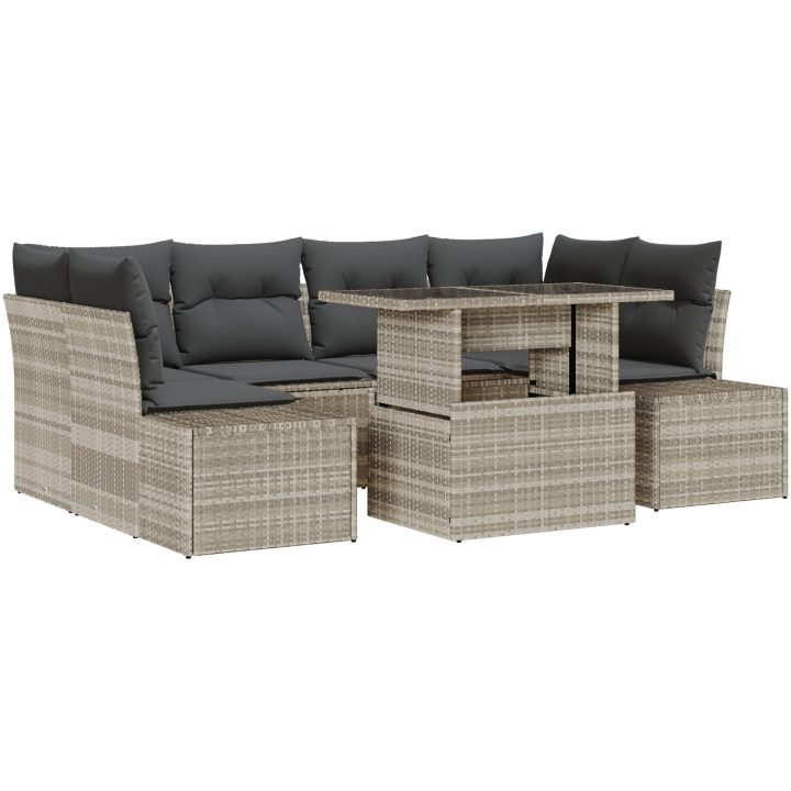 7-delars trädgårdssoffgrupp med kuddar i ljusgrå poly-rattan vidaXL 100 x 55 x 73 cm – bild 2