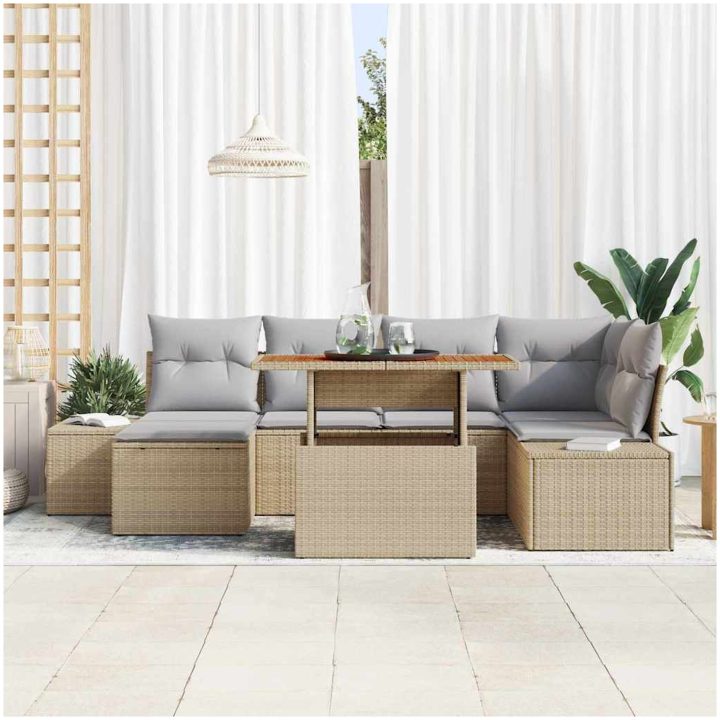 7 Delars Trädgårdssoffor med Kuddar i Beige Poly Rattan vidaXL 100 x 55 x 73 cm – bild 3