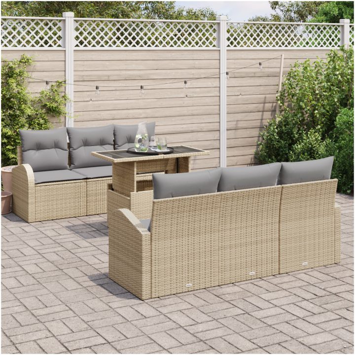7-delars trädgårdssoffset med kuddar - Beige poly rattan vidaXL 100 x 55 x 73 cm – bild 3