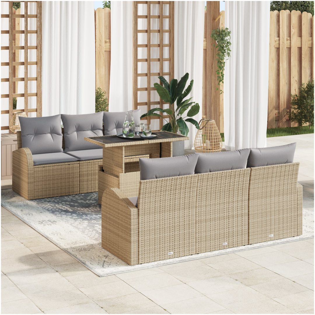 7-delars trädgårdssoffset med kuddar - Beige poly rattan vidaXL 100 x 55 x 73 cm