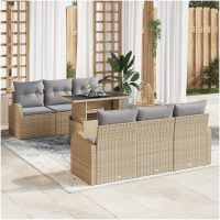 7-delars trädgårdssoffset med kuddar - Beige poly rattan vidaXL