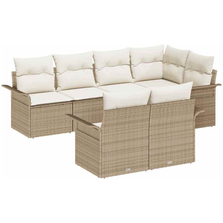 7-delars trädgårdssoffset med kuddar Beige Poly Rattan vidaXL Standard – bild 2