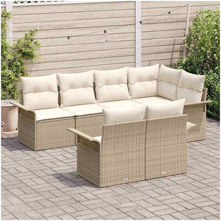 7-delars trädgårdssoffset med kuddar Beige Poly Rattan vidaXL Standard – bild 3