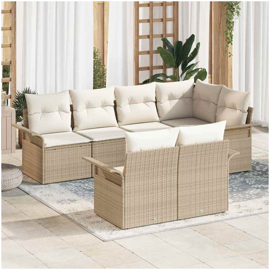 7-delars trädgårdssoffset med kuddar Beige Poly Rattan vidaXL Standard