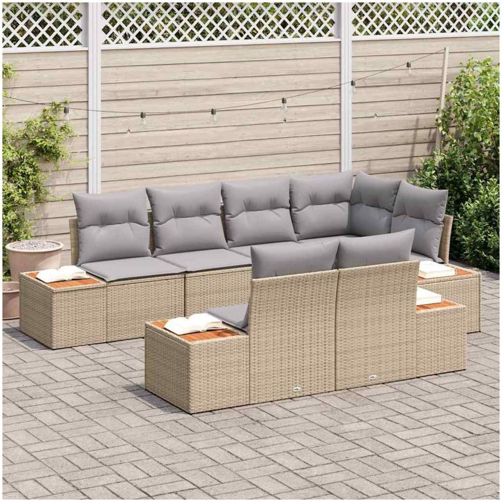 7 Delars Trädgårdssoffset med Kuddar Beige Poly Rotting Akacia vidaXL 264 x 154 x 69 cm – bild 3
