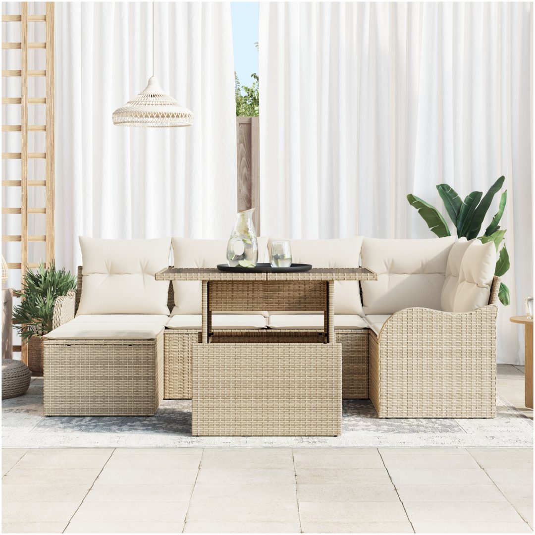 7 Delars Trädgårdssoffset med Kuddar Beige Poly Rotting vidaXL Stor – bild 3
