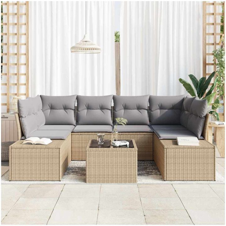 7 Delars Trädgårdssoffset med Kuddar Beige Polyrotting vidaXL 55 x 55 x 37 cm – bild 3