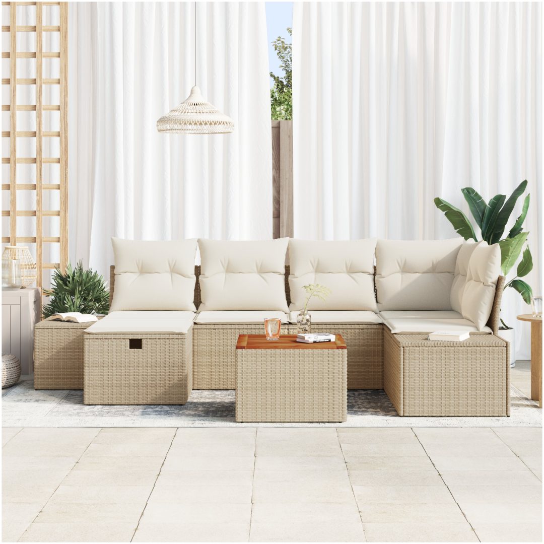 7-delars trädgårdssoffset med kuddar beige polyrotting vidaXL 55 x 55 x 37 cm – bild 3