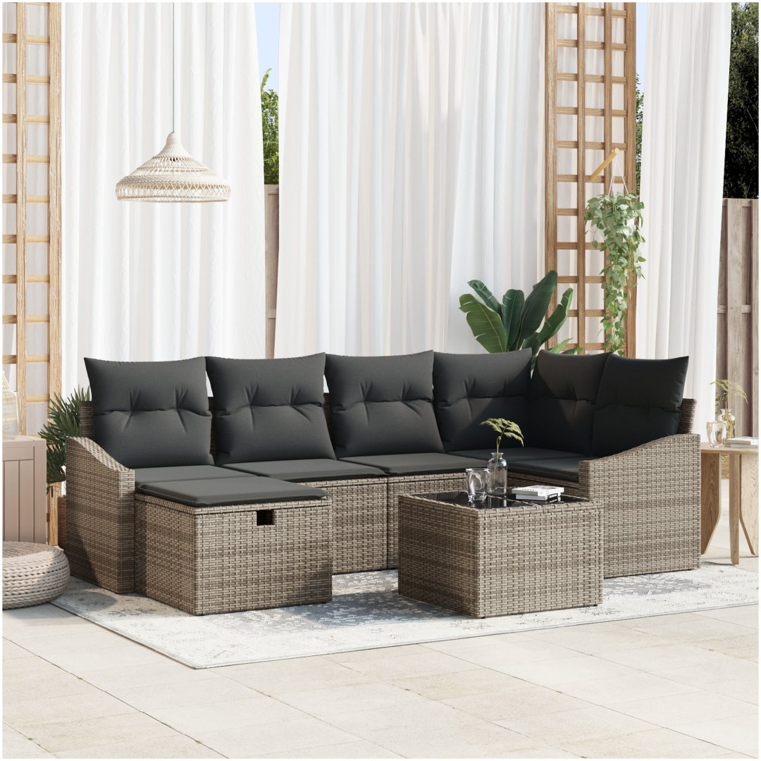 7-delars Trädgårdssoffset med kuddar Grå Poly Rattan vidaXL 55 x 62 x 69 cm