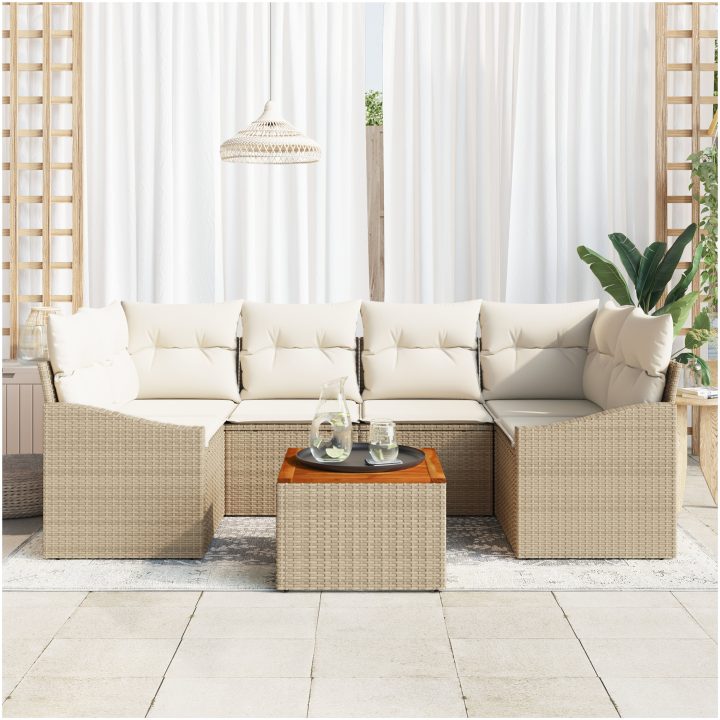 7-delars trädgårdssoffset med kuddar i beige poly-rattan och akacia vidaXL 55 x 55 x 37 cm – bild 3