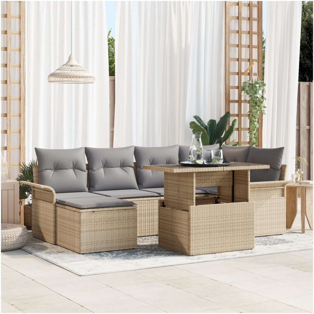 7 Delars Trädgårdssoffset med kuddar i beige poly rattan vidaXL 100 x 55 x 73 cm