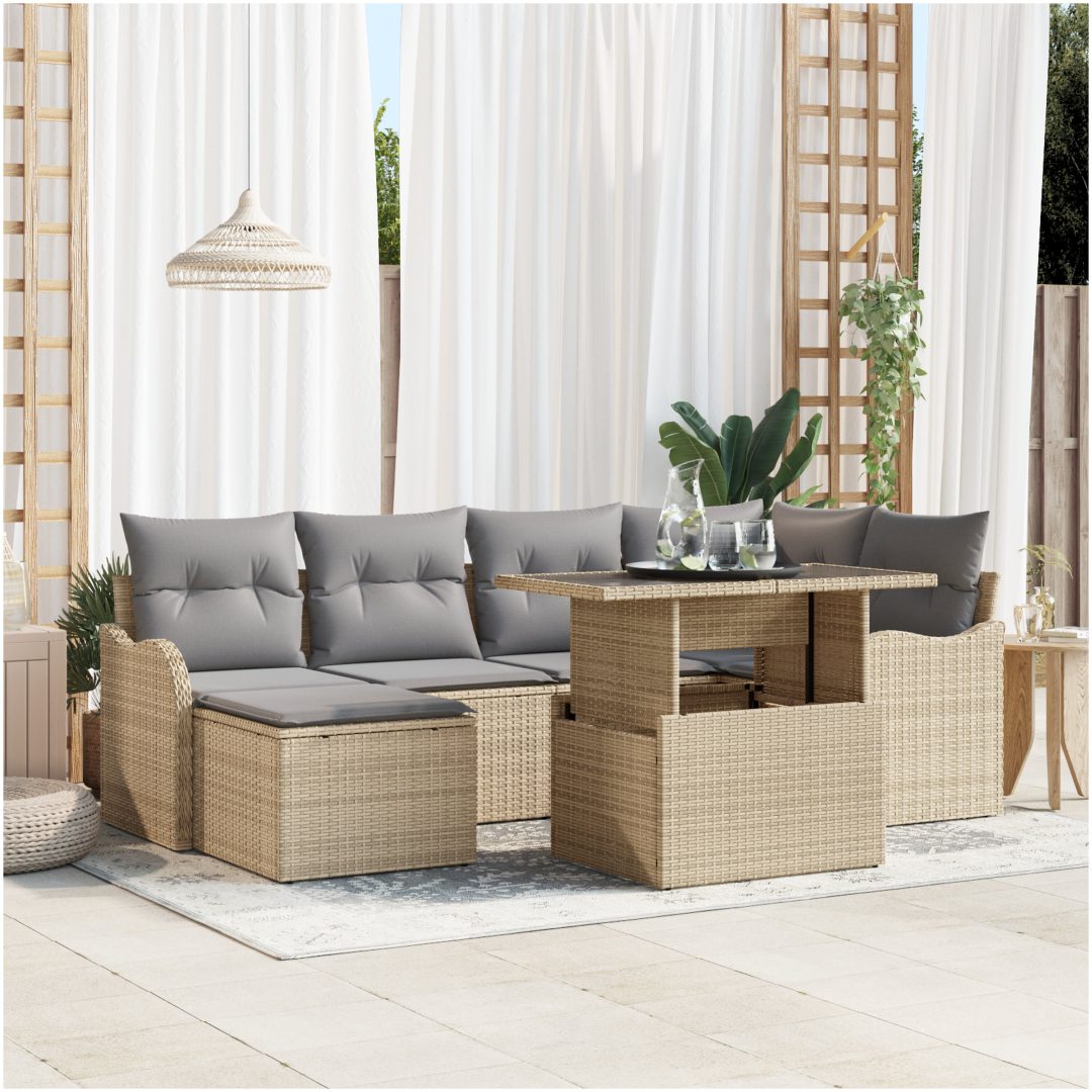 7-delars trädgårdssoffset med kuddar i beige poly rattan vidaXL Stor